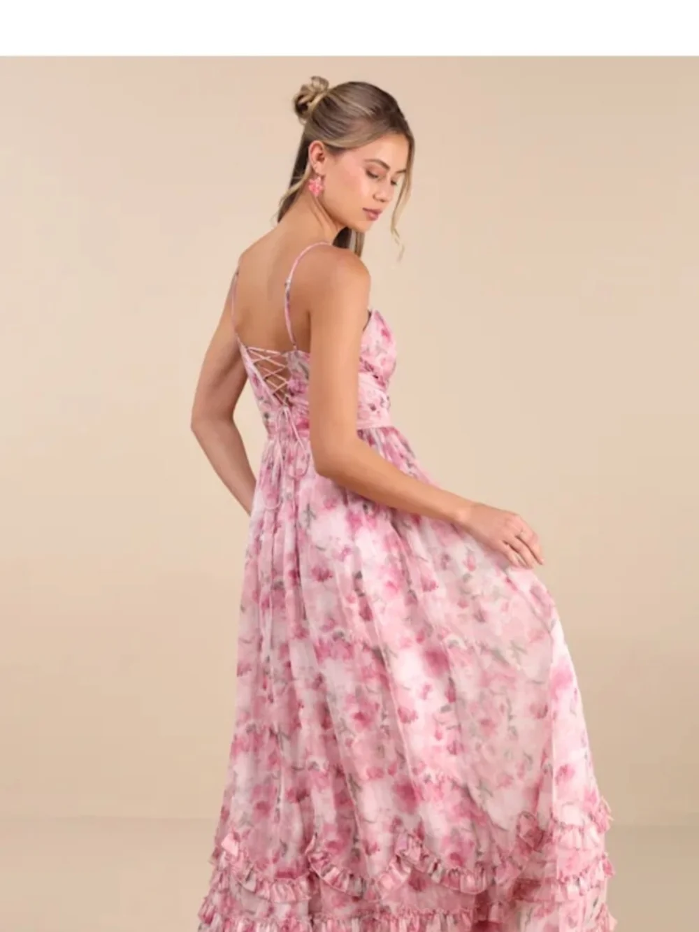 Novella Pink Floral Ruffled Bustier Lace-Up Maxi Dress -
Lulu's - Picture 12 of 14
